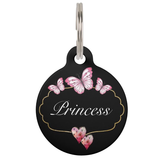 Cute Butterfly roze Hearts Gold Lijst Huisdierpenning (Voorkant)