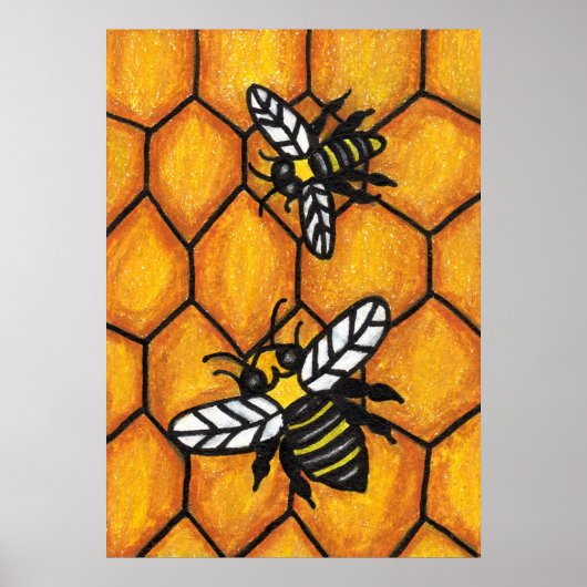 Cute Buzzing Bees op Honeycomb Poster (Voorkant)