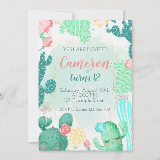 Cute Cactus Birthday Invitation Kaart (Voorkant)