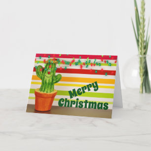 Cute Cactus en Festive String Lights Kerstmis Feestdagen Kaart