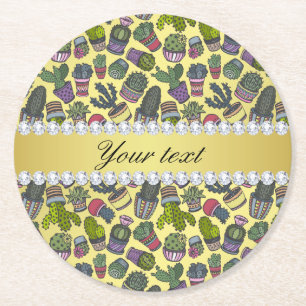 Cute Cactus Faux Gold Foil Bling Diamonds Ronde Kartonnen Onderzetter
