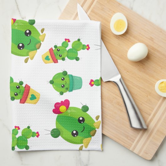 Cute Cactus, Green Cactus, Cactus Pattern Theedoek (Quarter Fold)