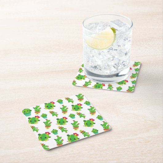 Cute Cactus, Green Cactus, Cactus Pattern Vierkante Kartonnen Onderzetter (Insitu)