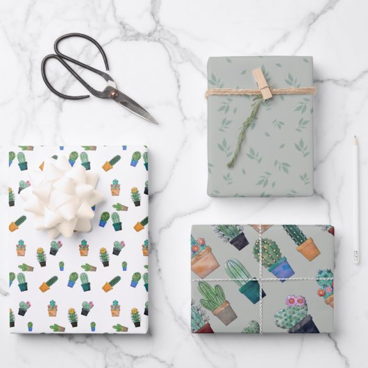 Cute Cactus Greenery Flower Pattern Inpakpapier Vel (Voorkant)