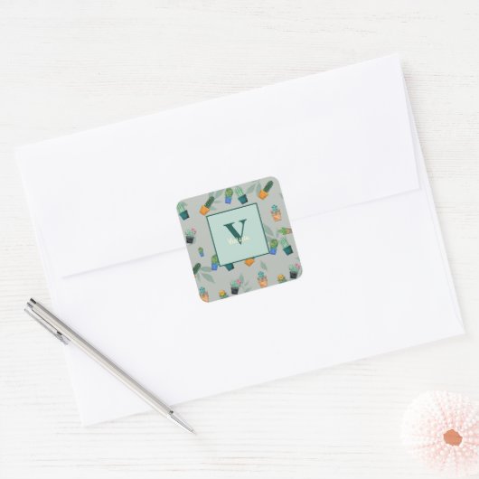 Cute Cactus Greenery Flower Pattern Vierkante Sticker (Envelop)