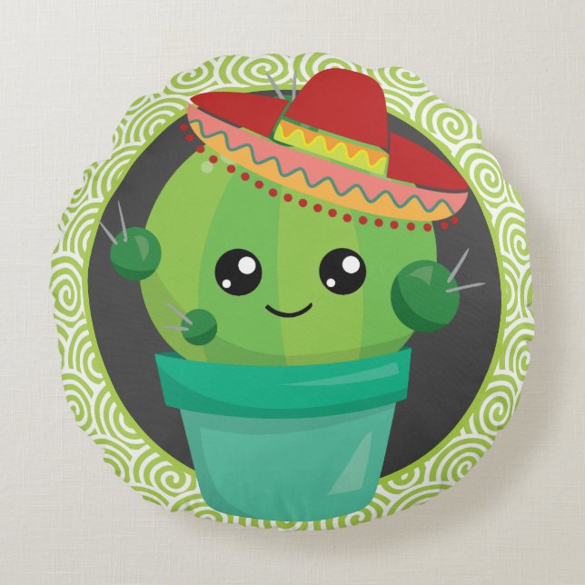 Cute Cactus in een Sombrero Rond Kussen (Voorkant)