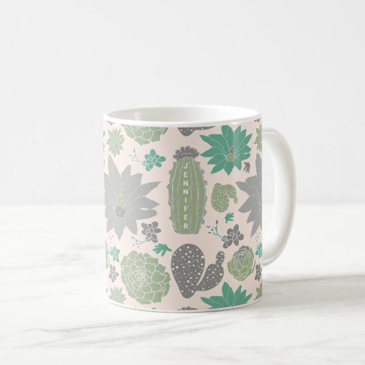 Cute Cactus Peach Gray Succulents and Name Koffiemok (Voorkant rechts)
