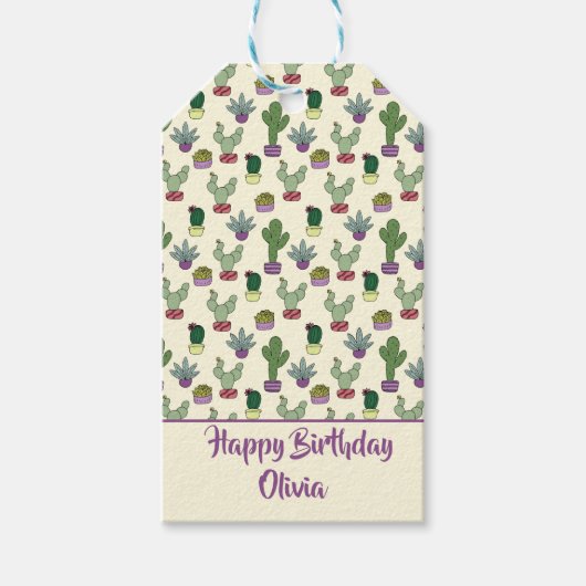 Cute Cactus Succulent Plant Happy Birthday Pattern Cadeaulabel (Voorkant)