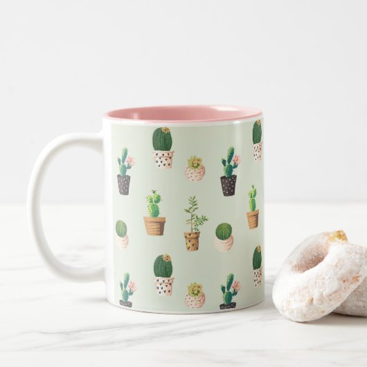 Cute Cactus Succulent Plante Motif Rose Green Mug (Avec donut)