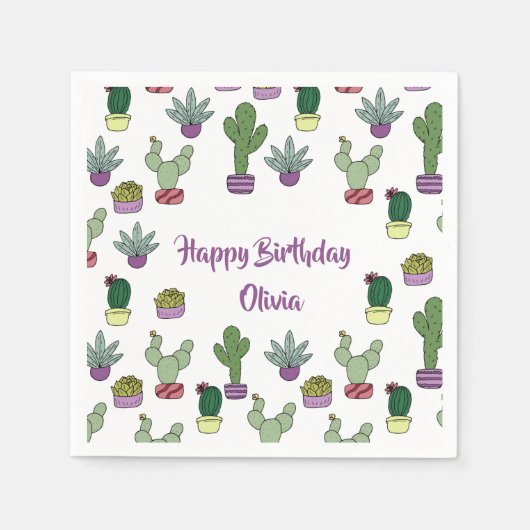 Cute Cactus Succulent Potent Planten Happy Birthda Servet (Voorkant)