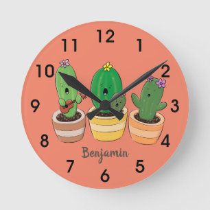 Cute cactus trio singing cartoon illustratie ronde klok