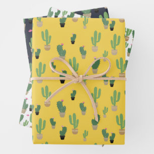 Cute Cactus Yellow Blue Pattern Wrapping Inpakpapier Vel