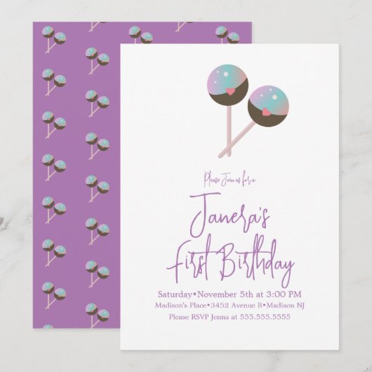 Cute Cake Pop Snoep Bar First Birthday Uitnodiging (Voorkant / Achterkant)