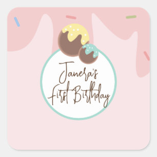 Cute Cakepop Ballen Eerste Verjaardag Frosting Vierkante Sticker