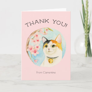 Cute Calico Cat en Roze Flowers   Dank u wel Bedankkaart