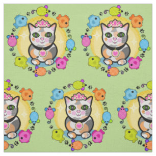Cute Calico Cat Queen Kat Lovers Fabric Stof
