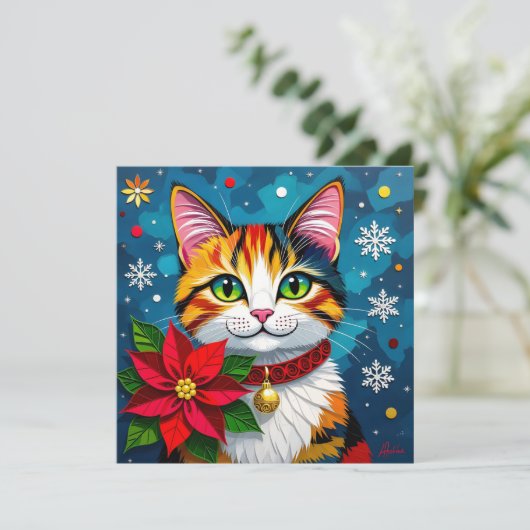 Cute Calico Cat with Poinsettias Custom Christmas Feestdagenkaart (Staand voorkant)