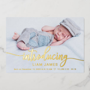 Cute Calligraphy Photo Birth Announcement Cards Folie Uitnodiging