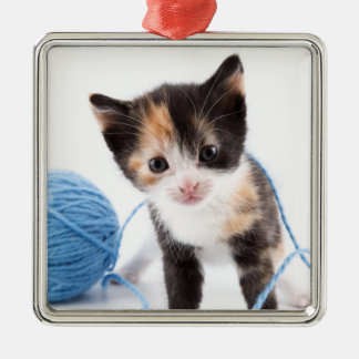 Cute Calypso Kitten en Blue Yarn Metalen Ornament