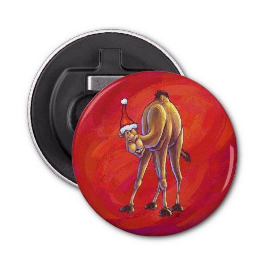 Cute Camel Kerstmis op rood Button Flesopener (Voorkant)