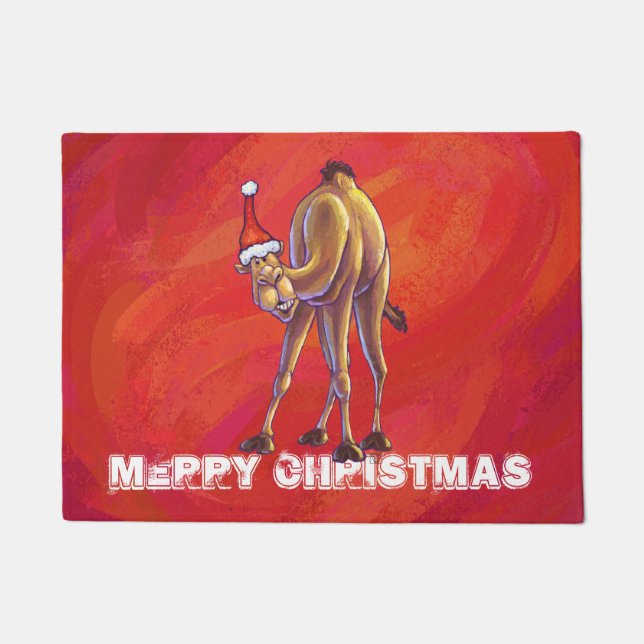 Cute Camel Kerstmis op rood Deurmat (Voorkant)