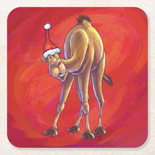 Cute Camel Kerstmis op rood Vierkante Kartonnen Onderzetter (Voorkant)