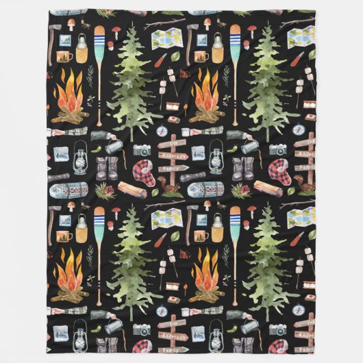 Cute Camping Pattern | Waterverf illustraties Fleece Deken (Voorkant)