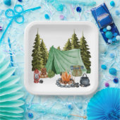 Cute Camping Theme Campfire, Tent, Forest Papieren Bordje (Feest)