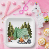 Cute Camping Theme Campfire, Tent, Forest Papieren Bordje (Feest)