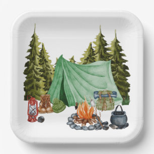 Cute Camping Theme Campfire, Tent, Forest Papieren Bordje