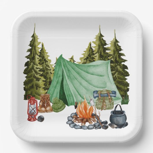 Cute Camping Theme Campfire, Tent, Forest Papieren Bordje (Voorkant)