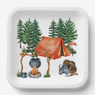 Cute Camping Theme Campfire, Tent, Forest Papieren Bordje