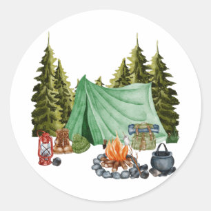 Cute Camping Theme Campfire, Tent, Forest Ronde Sticker
