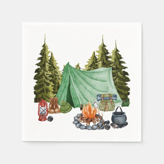 Cute Camping Theme Campfire, Tent, Forest Servet (Voorkant)