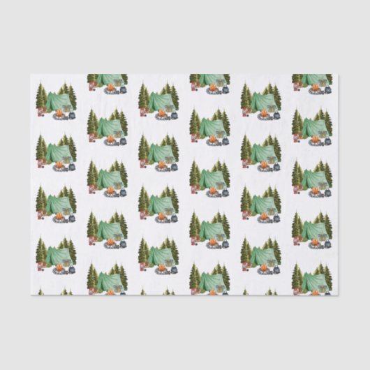 Cute Camping Theme Campfire, Tent, Forest Tiled Tissuepapier (Voorkant)