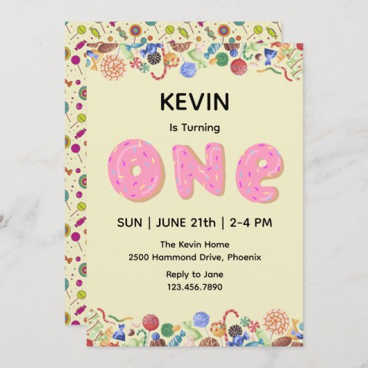 Cute Candy thème premier anniversaire Invitation (Devant / Derrière)