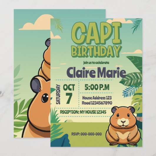 Cute CAPIBARA Invitation (Devant / Derrière)