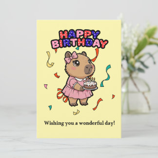 Cute Capybara Birthday Card - Pink Dress & Cake  Bedankkaart
