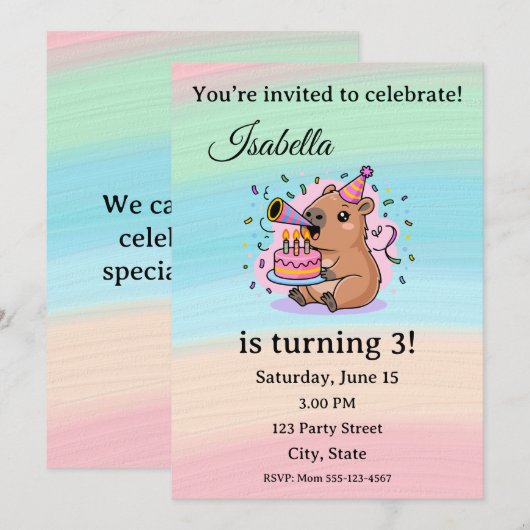 Cute Capybara Birthday Invitation Editable  Kaart (Voorkant / Achterkant)