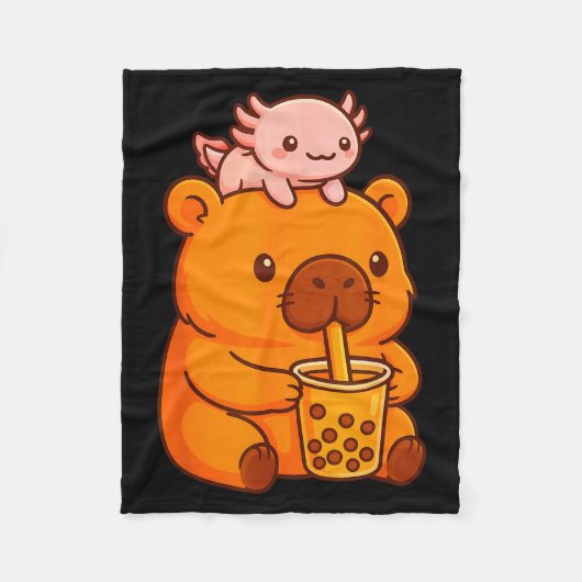 Cute Capybara Drinking Bubble Tea And Axolotl Kawa Fleece Deken (Voorkant)