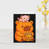 Cute Capybara Drinking Bubble Tea And Axolotl Kawa Kaart (Gele Bloem)