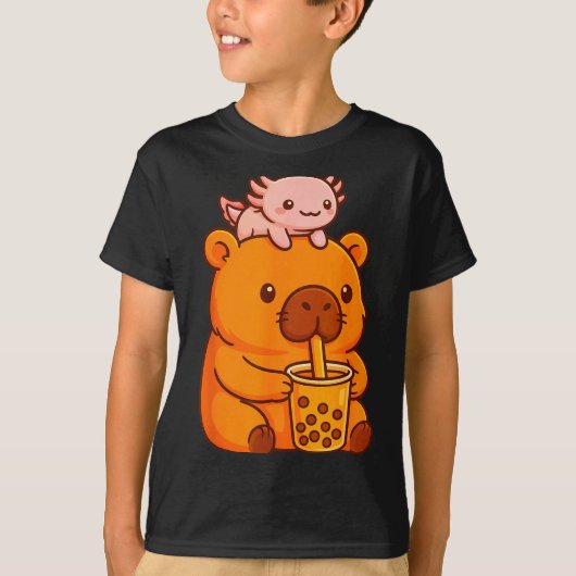 Cute Capybara Drinking Bubble Tea And Axolotl Kawa T-shirt (Voorkant)