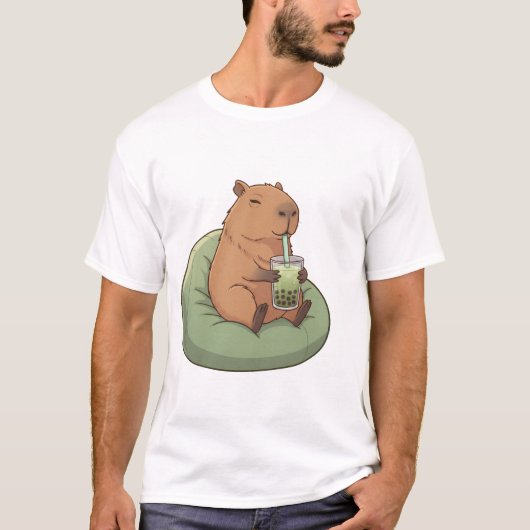Cute Capybara Drinking Matcha Boba Tea Kawaii Gift T-shirt (Voorkant)