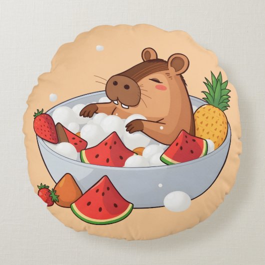 Cute Capybara Fruit Bath Spa Day Kawaii Animal Ill Rond Kussen (Voorkant)