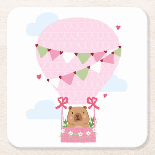 Cute Capybara Heet Luchtballon Roze Verjaardagsfee Vierkante Kartonnen Onderzetter