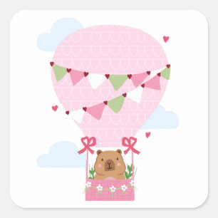 Cute Capybara Heet Luchtballon Roze Verjaardagsfee Vierkante Sticker