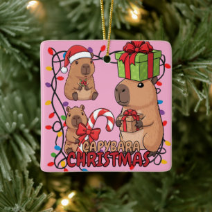 Cute Capybara Kerstlichtjes Feestelijke Feest Roze Keramisch Ornament