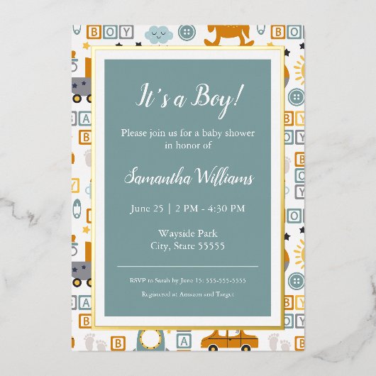 Cute Car Speelgoed Pattern Boy Blauwgroen Baby sho Folie Uitnodiging (Voorkant)