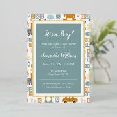 Cute Car Speelgoed Pattern Boy Blauwgroen Baby sho Folie Uitnodiging (Staand Voorkant)