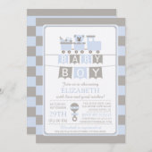 Cute Carriage Bear Boy Baby shower Invitation (Devant / Derrière)